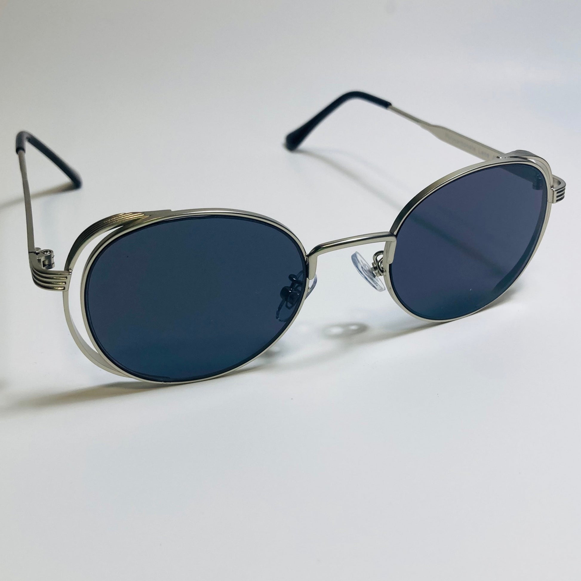 mens and womens silver and black metal frame side shield y2k sunglasses