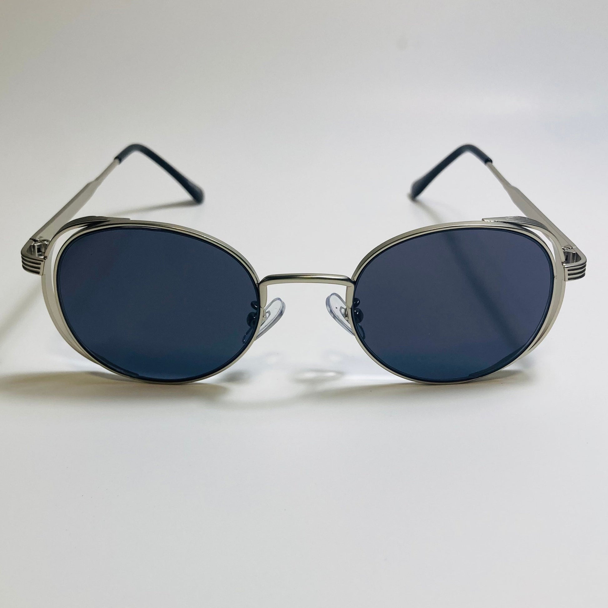 mens and womens silver and black metal frame side shield y2k sunglasses