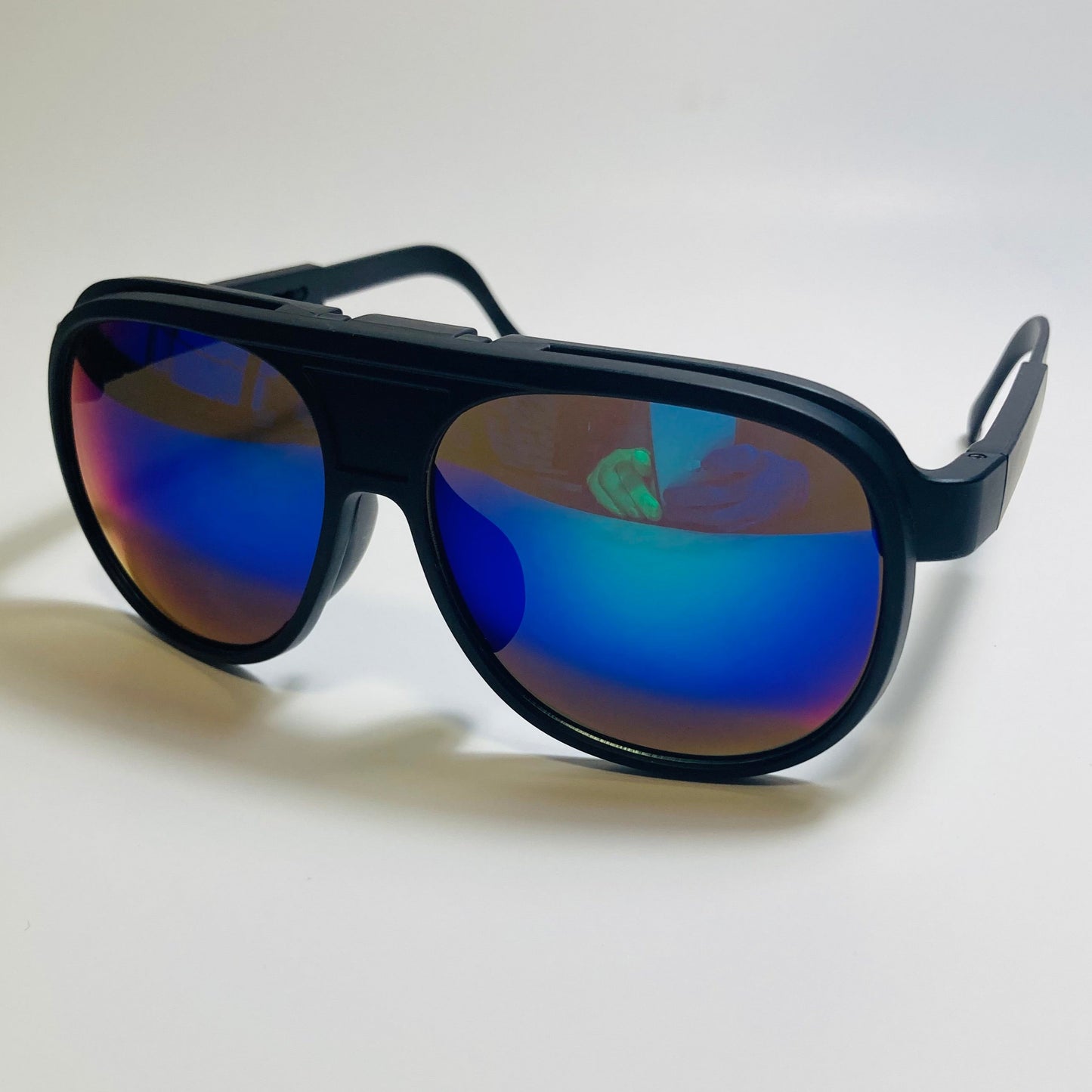 MENS black AND blue retro flip aviator mirrored sunglasses
