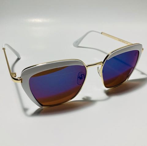 womens white cat eye sunglasses with blue mirror lenses