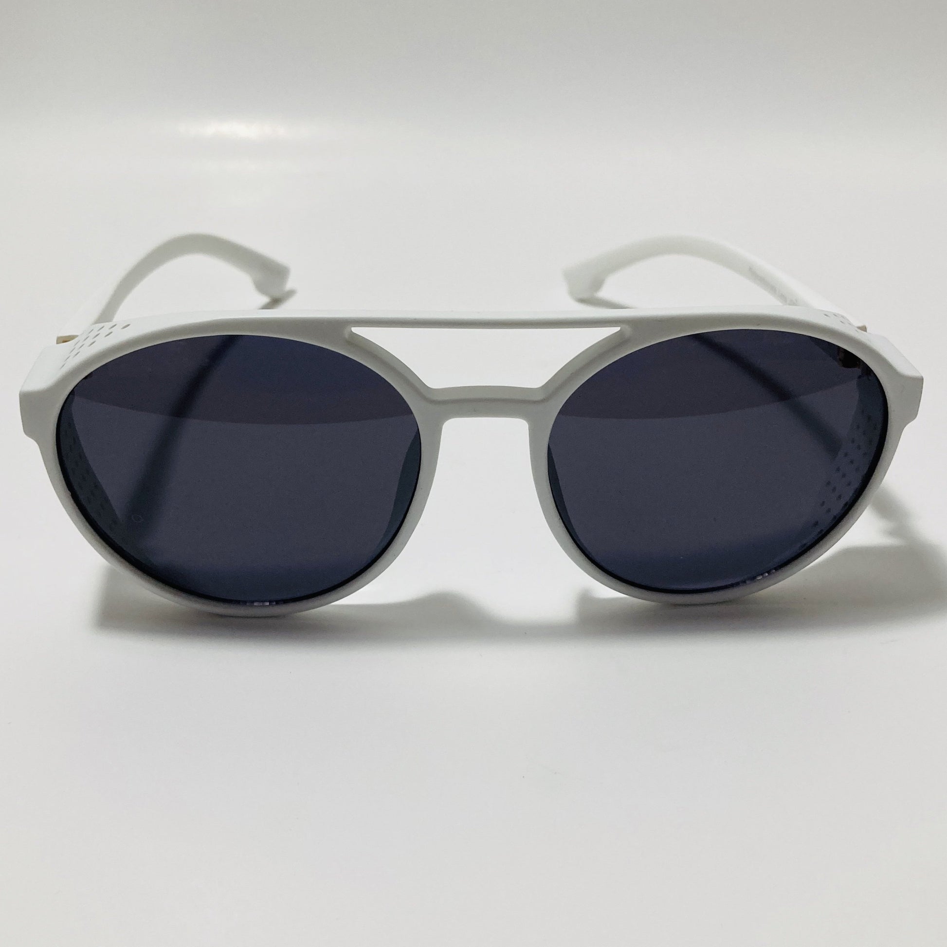 mens and womens black and white round steampunk sunglasses with side shields