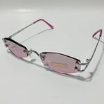 mens and womens silver and purple small rimless sunglasses