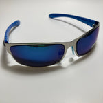 mens and womens blue and silver mirrored metal wrap around sunglasses
