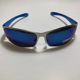 mens and womens blue and silver mirrored metal wrap around sunglasses