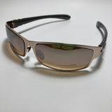 mens and womens brown and gold metal wrap around sunglasses