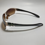 mens and womens brown and gold metal wrap around sunglasses