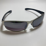 mens and womens black and silver metal wrap around sunglasses