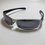 mens and womens black and silver metal wrap around sunglasses