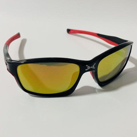 black red and yellow wrap around sunglasses