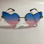 silver womens rimless heart shape sunglasses with blue and pink lenses