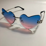 silver womens rimless heart shape sunglasses with blue and pink lenses