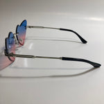 silver womens rimless heart shape sunglasses with blue and pink lenses