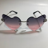 silver womens rimless heart shape sunglasses with black and pink lenses