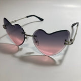 silver womens rimless heart shape sunglasses with black and pink lenses