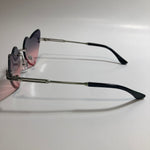silver womens rimless heart shape sunglasses with black and pink lenses