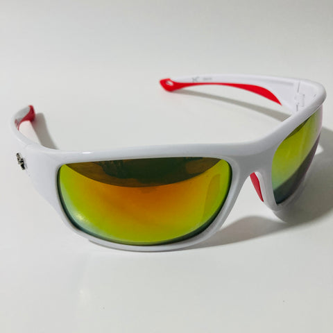 white, red, and yellow polarized wrap around sunglasses