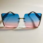 womens blue pink and gold rimless oversize square sunglasses