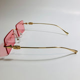 gold rimless womens sunglasses with pink lenses and flower accent