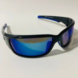 mens black and blue polarized mirrored wrap around sunglasses