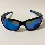 mens black and blue polarized mirrored wrap around sunglasses