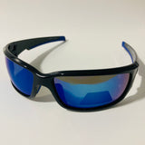 mens black and blue polarized mirrored wrap around sunglasses