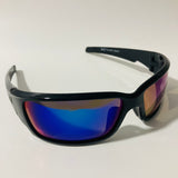 mens black and blue polarized mirrored wrap around sunglasses