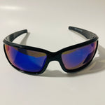 mens black and blue polarized mirrored wrap around sunglasses