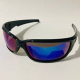 mens black and blue polarized mirrored wrap around sunglasses