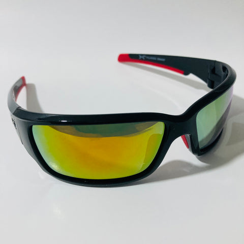 mens black red and yellow polarized mirrored wrap around sunglasses