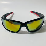 mens black red and yellow polarized mirrored wrap around sunglasses