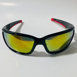 mens black red and yellow polarized mirrored wrap around sunglasses