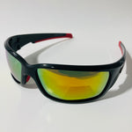 mens black red and yellow polarized mirrored wrap around sunglasses