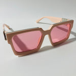 mens and womens pink square sunglasses with silver accents