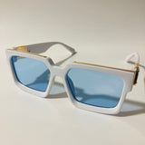mens and womens white and blue square sunglasses with gold accents