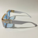 mens and womens white and blue square sunglasses with gold accents