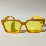 mens and womens yellow square sunglasses with gold accents