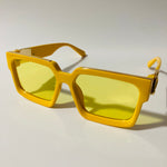 mens and womens yellow square sunglasses with gold accents