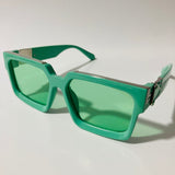 mens and womens green square sunglasses with silver accents