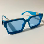 mens and womens blue square sunglasses with silver accents