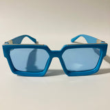 mens and womens blue square sunglasses with silver accents