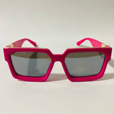 mens and womens pink and black square sunglasses with gold accents
