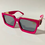 mens and womens pink and black square sunglasses with gold accents