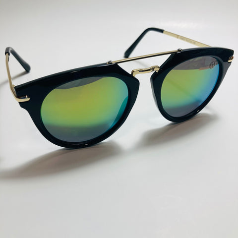 mens and womens black gold and green mirrored round sunglasses with crossbar