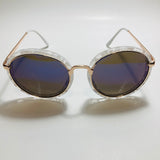 womens white blue and gold mirrored round sunglasses