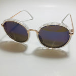 womens white blue and gold mirrored round sunglasses