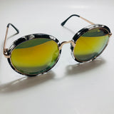 womens white black and yellow mirrored round sunglasses