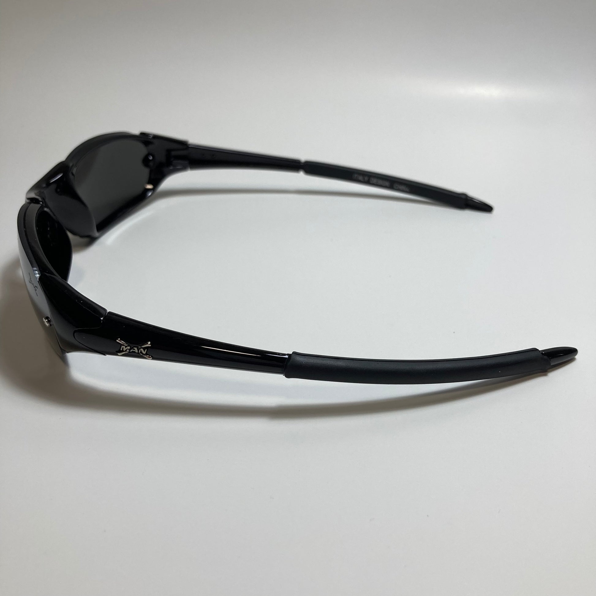 mens and womens black and silver wrap around sunglasses