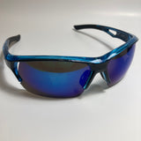 mens blue and black mirrored wrap around sunglasses