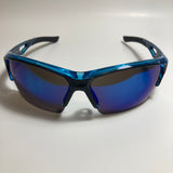 mens blue and black mirrored wrap around sunglasses