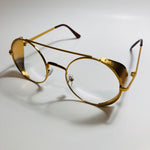 mens and womens gold round glasses with side shields